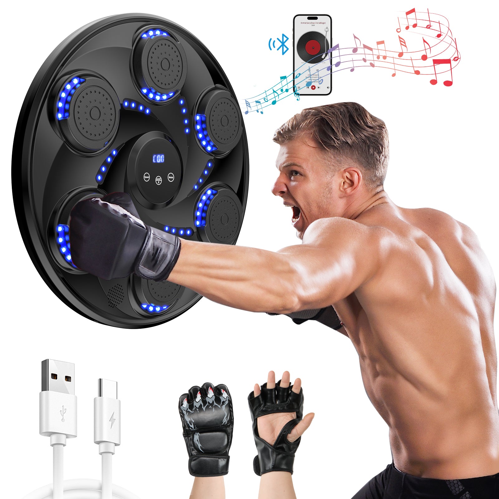 Music Boxing Machine Wall Mounted Punching Pads Electronic Boxing Target with Bluetooth, LED Lights, Gloves